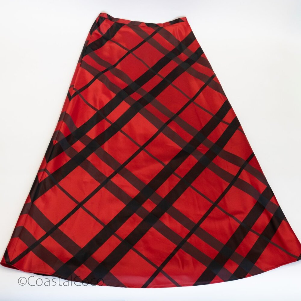 Vintage Victor Costa M Red Taffeta Maxi Skirt Plaid A-Line Dramatic Bold 90s Y2K - Picture 2 of 10